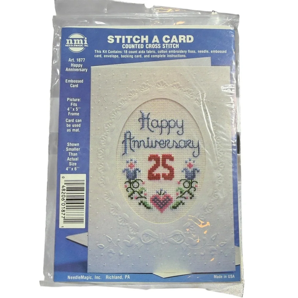 NeedleMagic Inc Stitch A Card Kit White Happy Anniversary‎ 25 Art 1877 New VTG